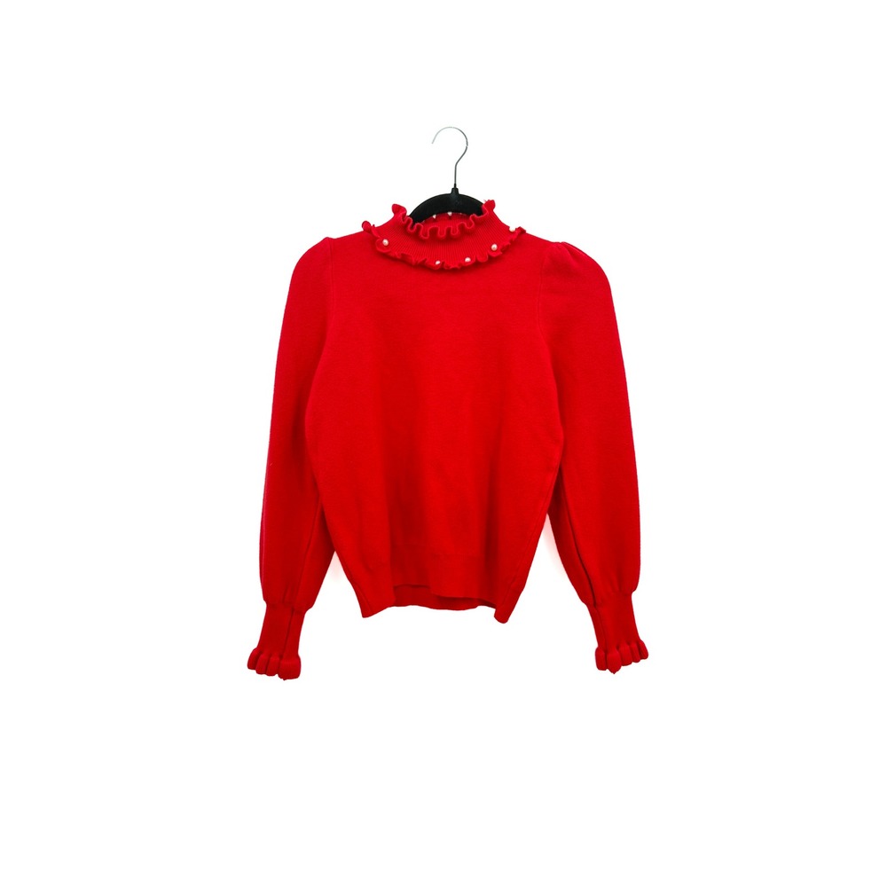 KOKO Sweater Women Red Faux Pearl Ruffle Neck Puff Sleeve Knit Top